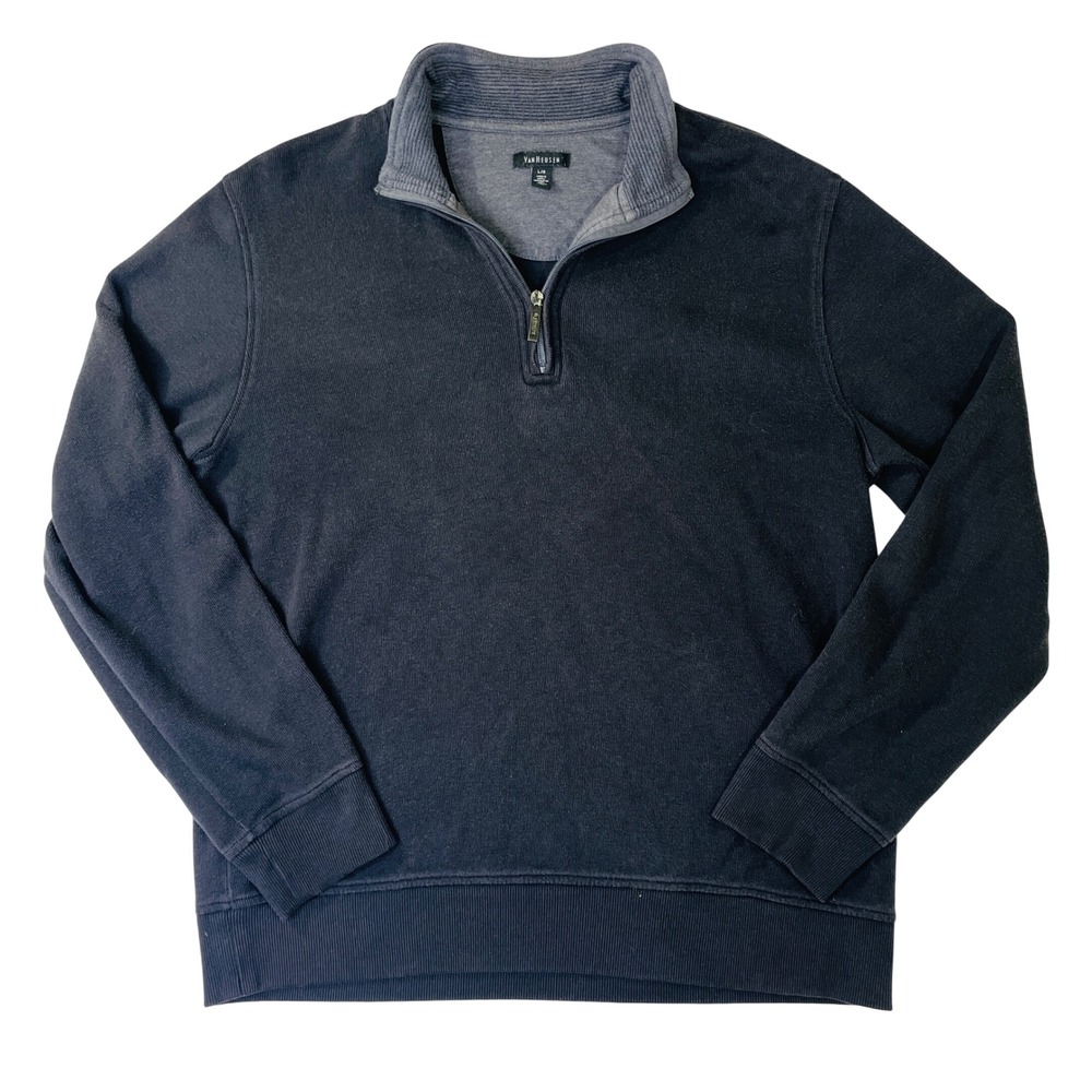 Van Heusen Mens Quarter Zip Pullover Sweater Navy Blue Ribbed Knit Mock Neck L